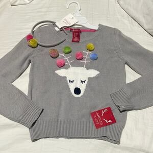 Jingles & Joy 6x grey reindeer sweater w/pompom headband nwt